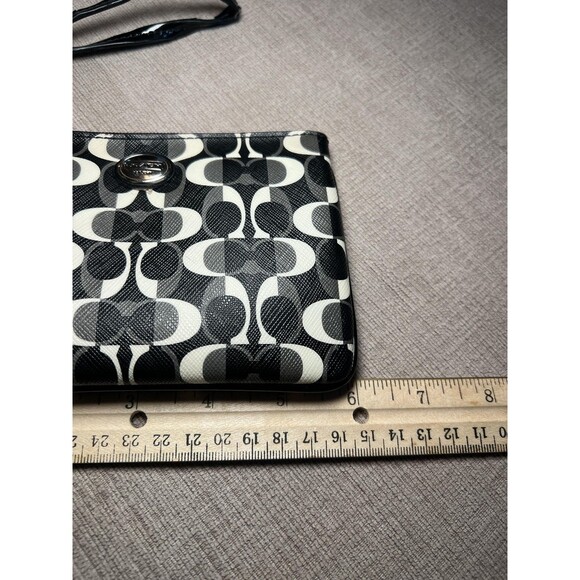 Coach Wristlet Womens Black White Signature C Coated Canvas Patent Strap Bag - Picture 10 of 11